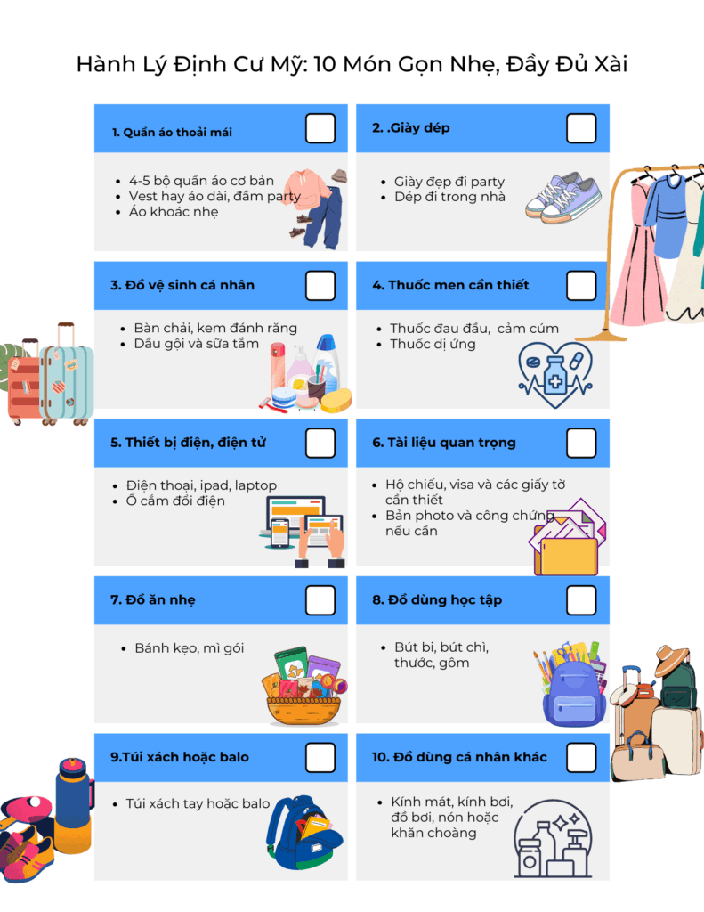 Hanh ly dinh cu My, 10 mon gon nhe, du xai